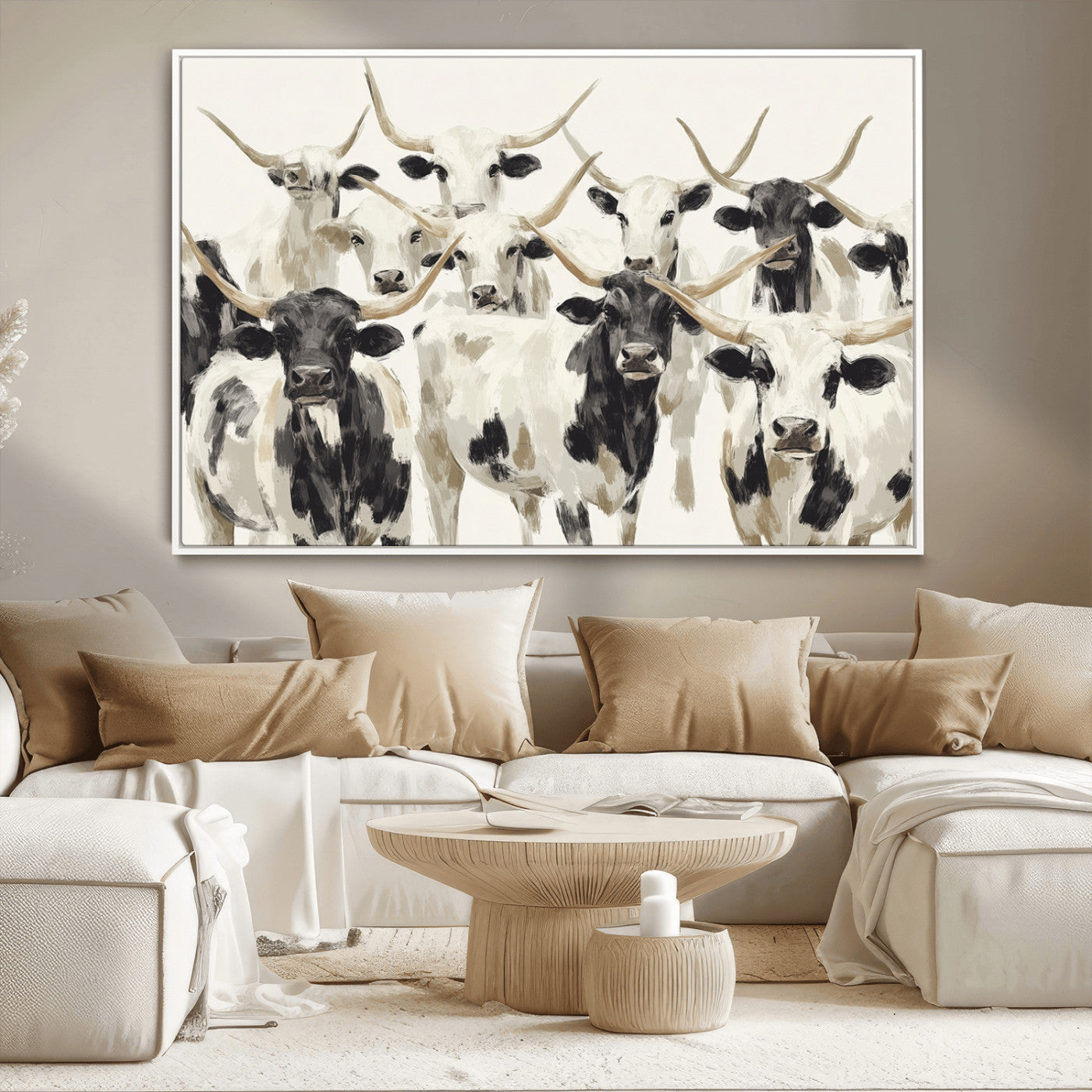 Canvas of a Texas Longhorn cattle herd in neutral black and white tones, ideal for rustic farmhouse or western-themed decor.