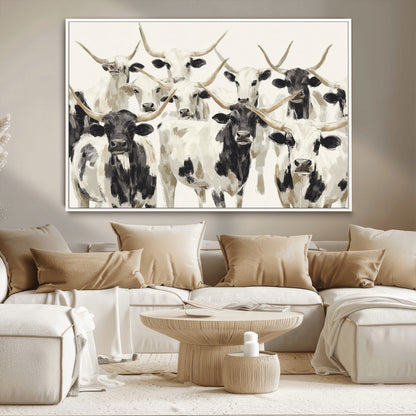 Canvas of a Texas Longhorn cattle herd in neutral black and white tones, ideal for rustic farmhouse or western-themed decor.