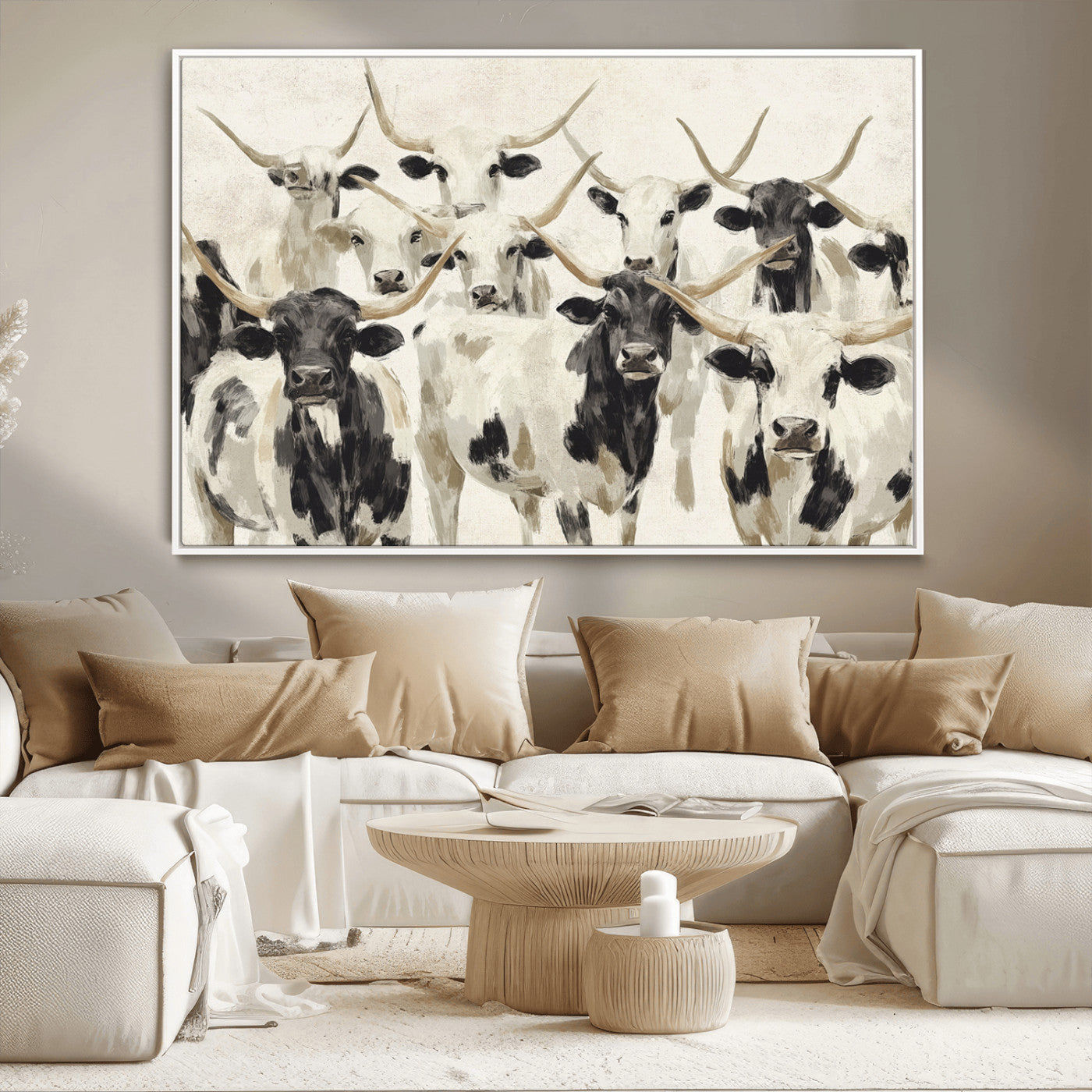 Canvas of a Texas Longhorn cattle herd in neutral black and white tones, ideal for rustic farmhouse or western-themed decor.
