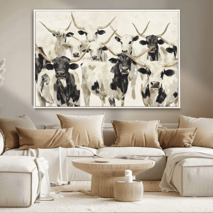Canvas of a Texas Longhorn cattle herd in neutral black and white tones, ideal for rustic farmhouse or western-themed decor.