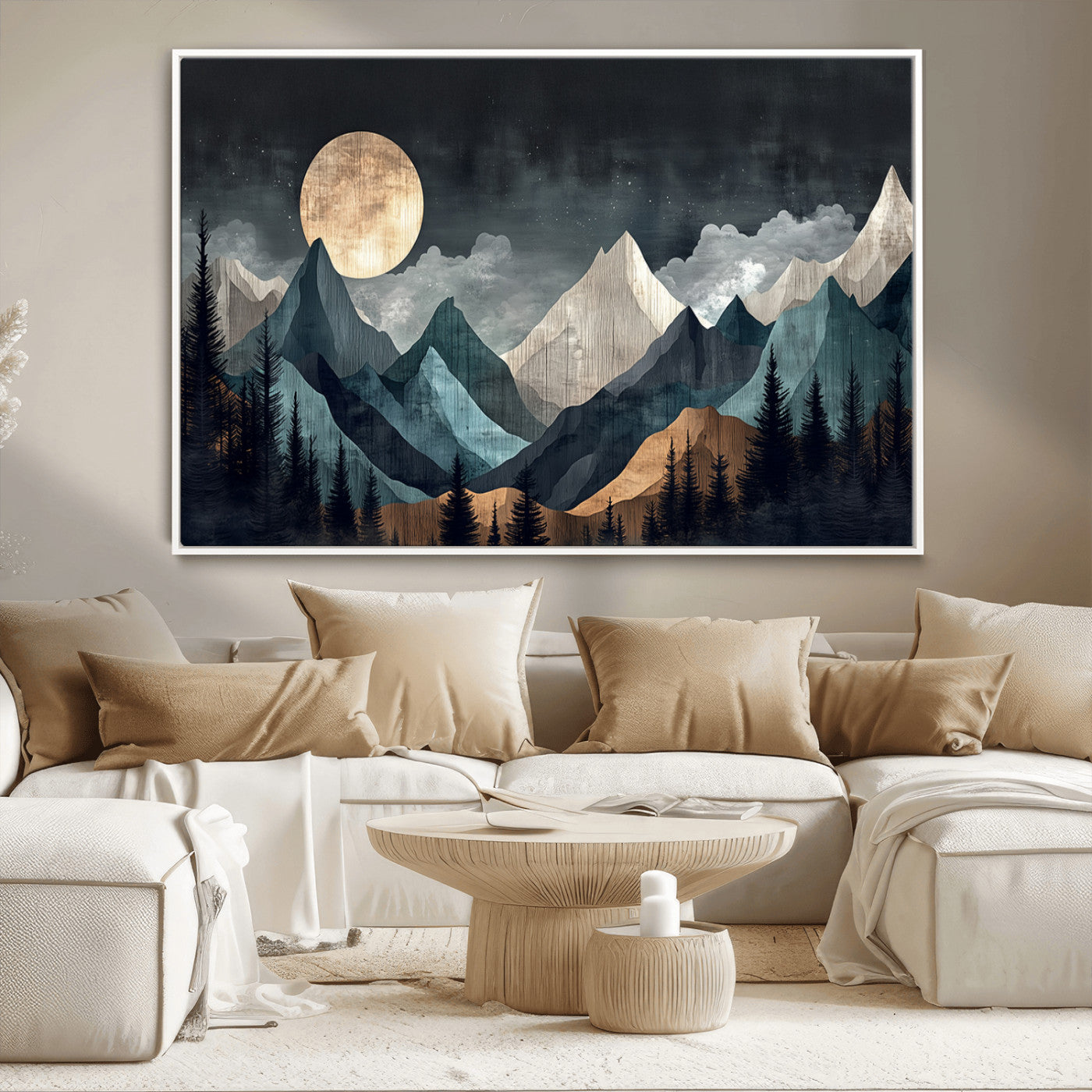 Stylized canvas of layered mountains under a full moon in neutral moody tones, ideal for nature-inspired or modern rustic interiors.