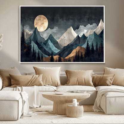 Stylized canvas of layered mountains under a full moon in neutral moody tones, ideal for nature-inspired or modern rustic interiors.