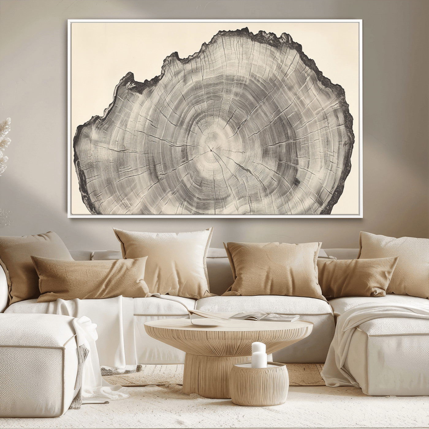 Detailed tree ring drawing in monochrome tones, ideal for rustic or nature-inspired interiors with a minimal decor aesthetic.