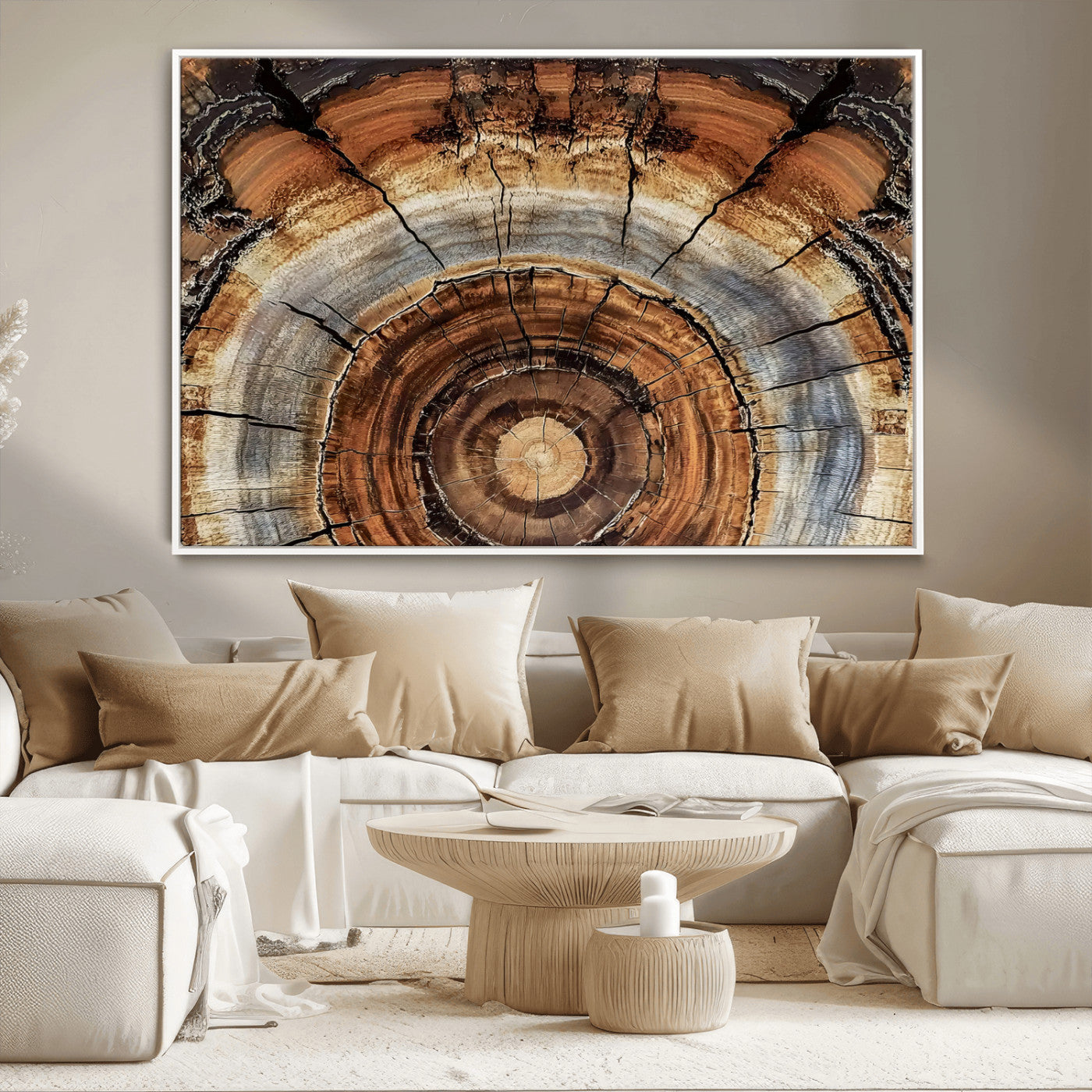 Canvas of tree rings and natural wood grain in earthy tones, ideal for rustic or vintage-inspired home decor with organic textures.
