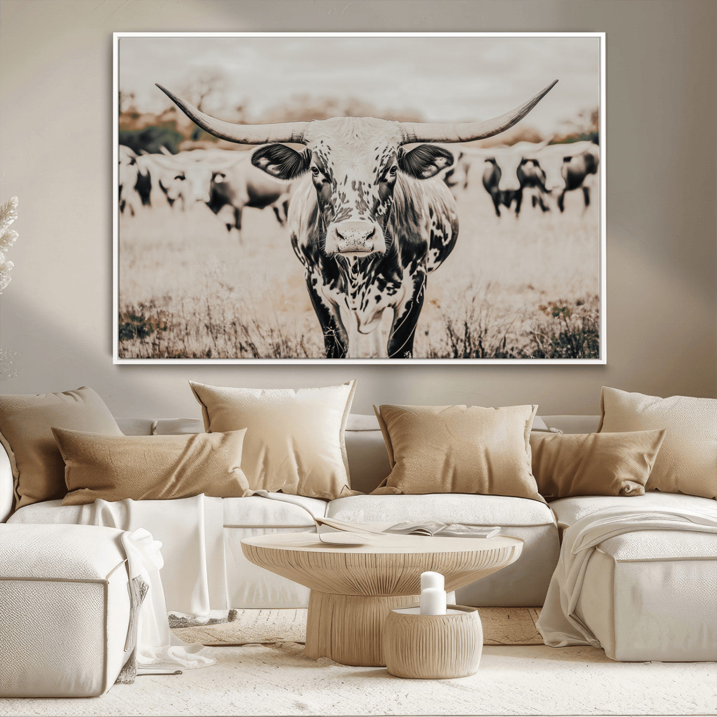 Canvas of a speckled Texas longhorn standing boldly in a field with a herd behind, perfect for rustic western or farmhouse wall decor.