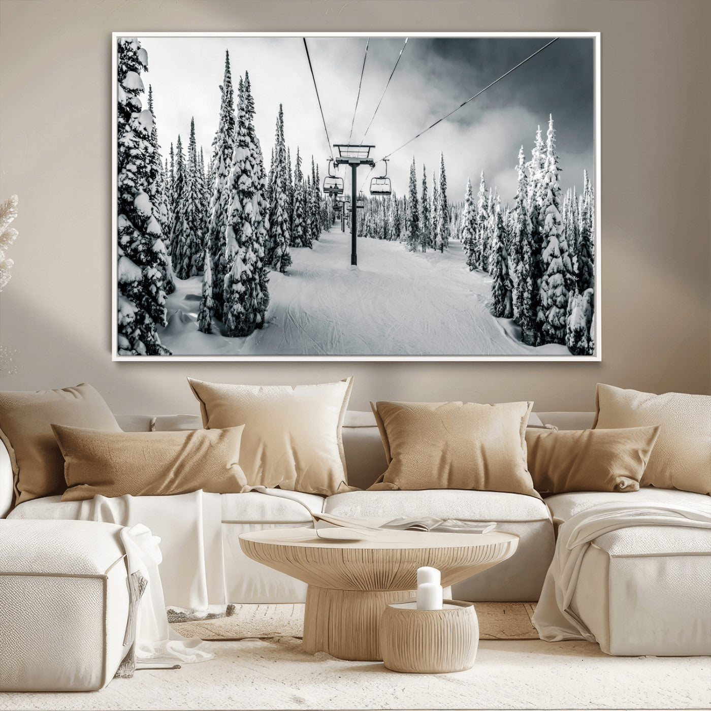 Canvas of a snowy ski lift scene through a forest of tall pine trees, ideal for moody winter or alpine-themed home decor.