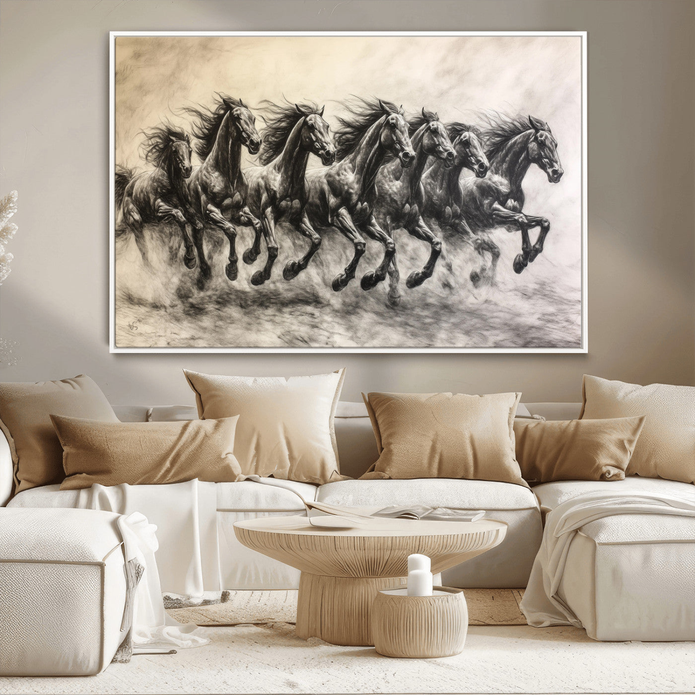 Monochrome drawing of a herd of galloping horses, perfect for dynamic and wild-themed decor in any equestrian or nature-inspired room.