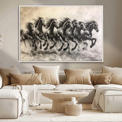 Monochrome drawing of a herd of galloping horses, perfect for dynamic and wild-themed decor in any equestrian or nature-inspired room.
