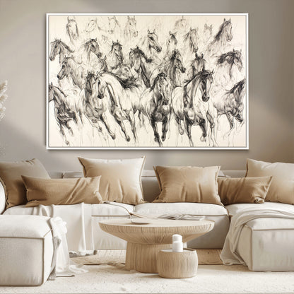 Monochrome ink sketch of galloping horses in dynamic motion, perfect for western or equine-themed wall decor with bold artistic energy.