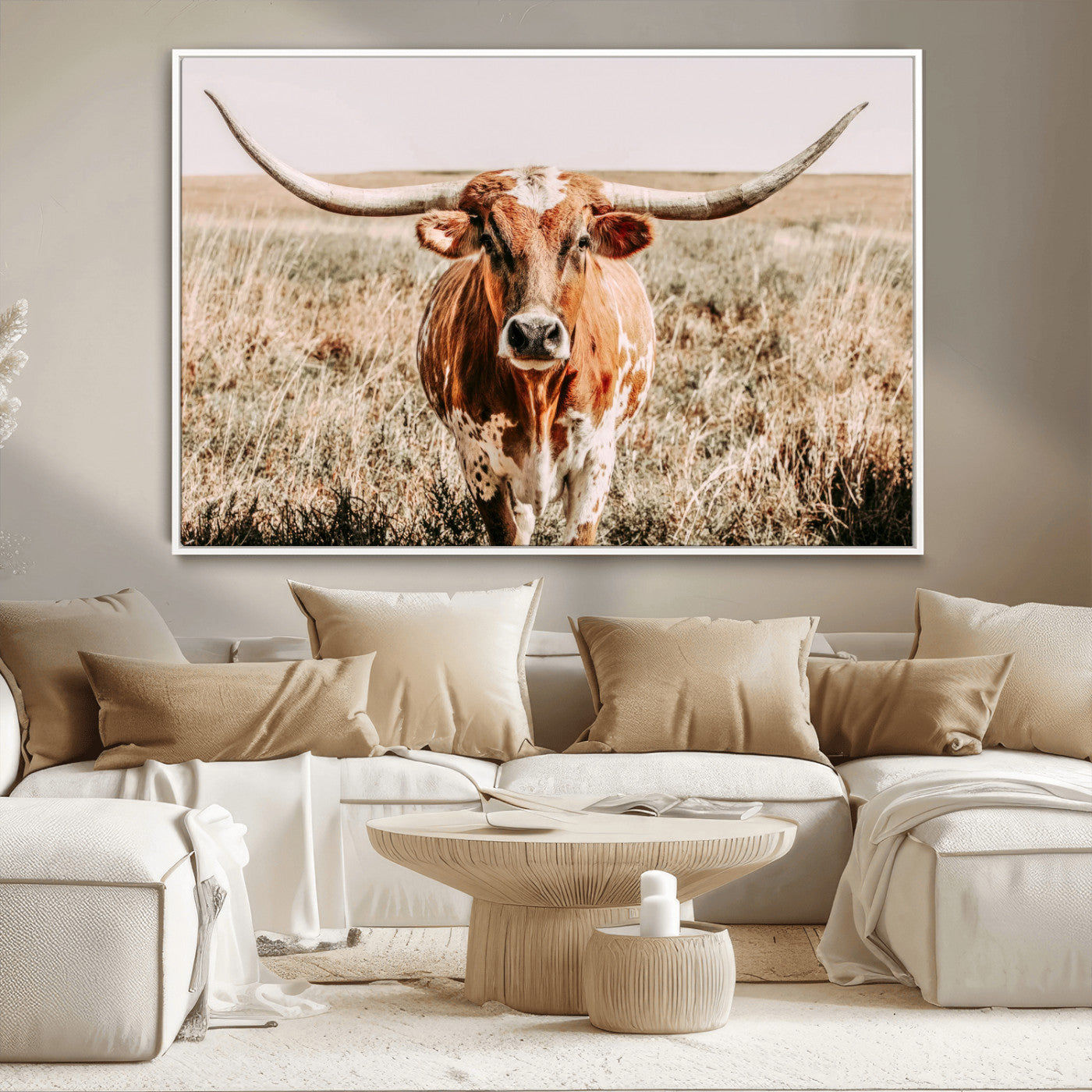 Framed longhorn cow canvas wall art with rustic prairie background, western animal print perfect for farmhouse or ranch style decor