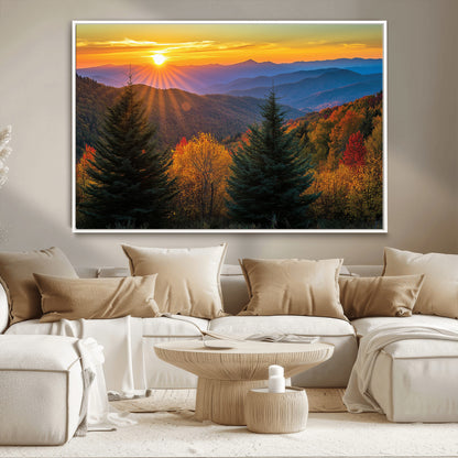 Vibrant sunset over autumn mountains with colorful trees and warm light, ideal for nature lovers or cabin-style wall decor.