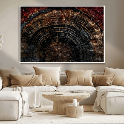 Dark Wood Wall Art Print - Petrified Tree Canvas Print, featuring an intricate tree ring pattern with deep earthy tones and organic textures, perfect for rustic and nature-inspired decor.