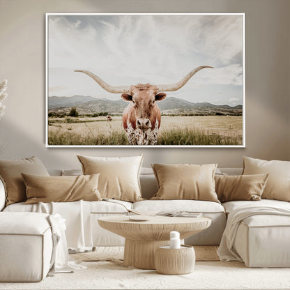 Longhorn Wall Art Print - Western Cow Canvas Print, featuring a majestic Texas longhorn in a rustic prairie setting, perfect for farmhouse and western decor.
