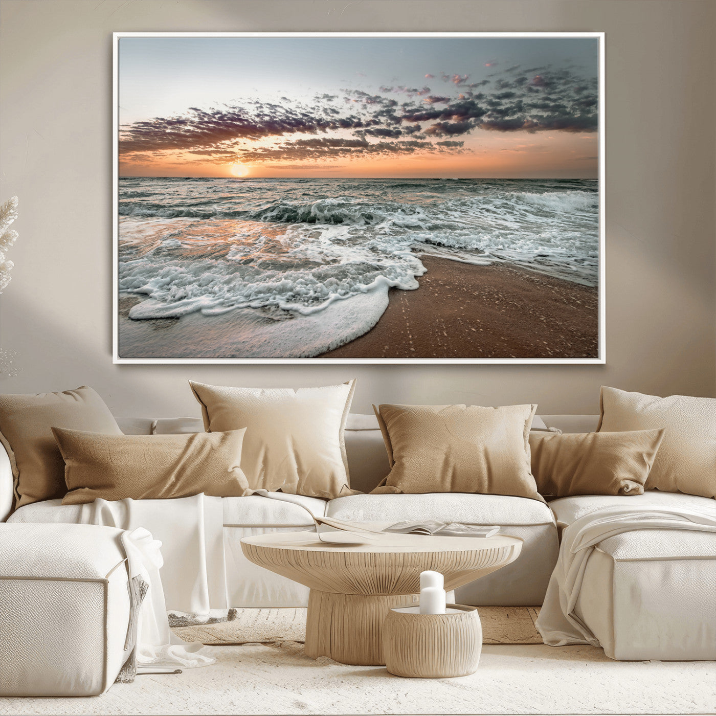 Ocean Sunset Wall Art Print - Beach Waves Canvas Print, featuring a serene seascape with golden sunlight reflecting on gentle waves, perfect for coastal and minimalist decor.