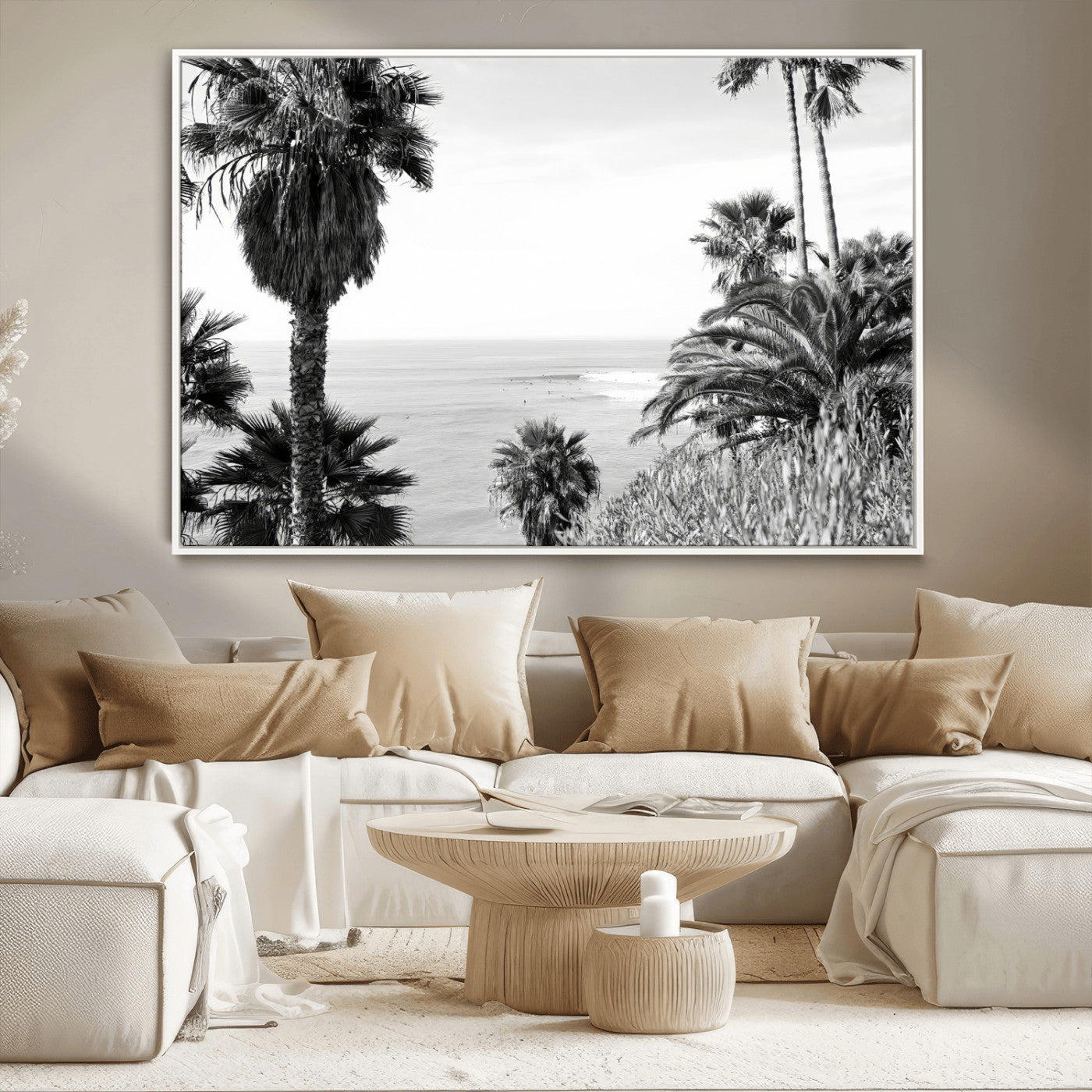 Monochrome canvas of palm trees framing a coastal surf scene, perfect for California-inspired or retro black-and-white beach decor.