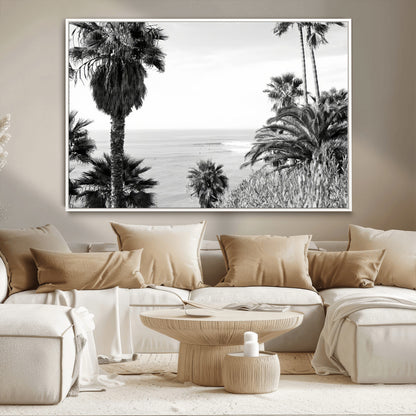Monochrome canvas of palm trees framing a coastal surf scene, perfect for California-inspired or retro black-and-white beach decor.