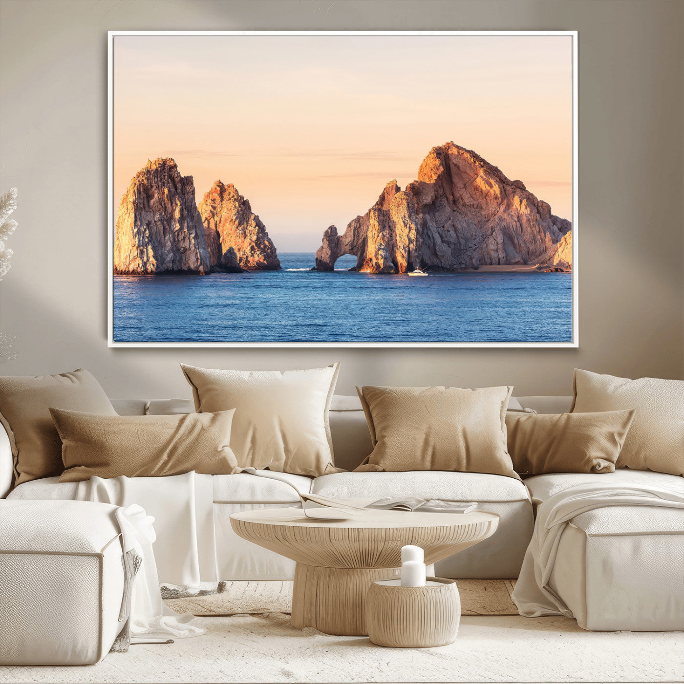 Framed canvas of El Arco rock formation in Cabo San Lucas at golden hour, ideal for coastal landmark or ocean-inspired decor.