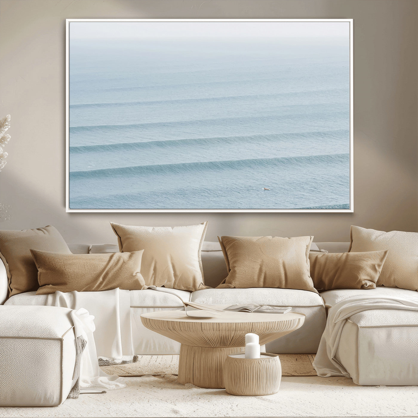 Framed canvas of repeating ocean waves with a distant solo surfer, ideal for minimalist ocean or calm coastal wall decor.