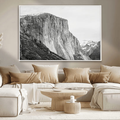 Monochrome canvas of El Capitan’s granite wall in Yosemite with snowy peaks, ideal for dramatic mountain or black-and-white nature decor.