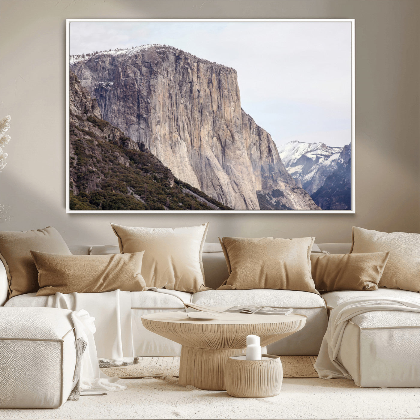 Framed canvas of El Capitan’s vertical granite face in Yosemite with snowy peaks, ideal for Sierra minimalism or mountain-inspired decor.