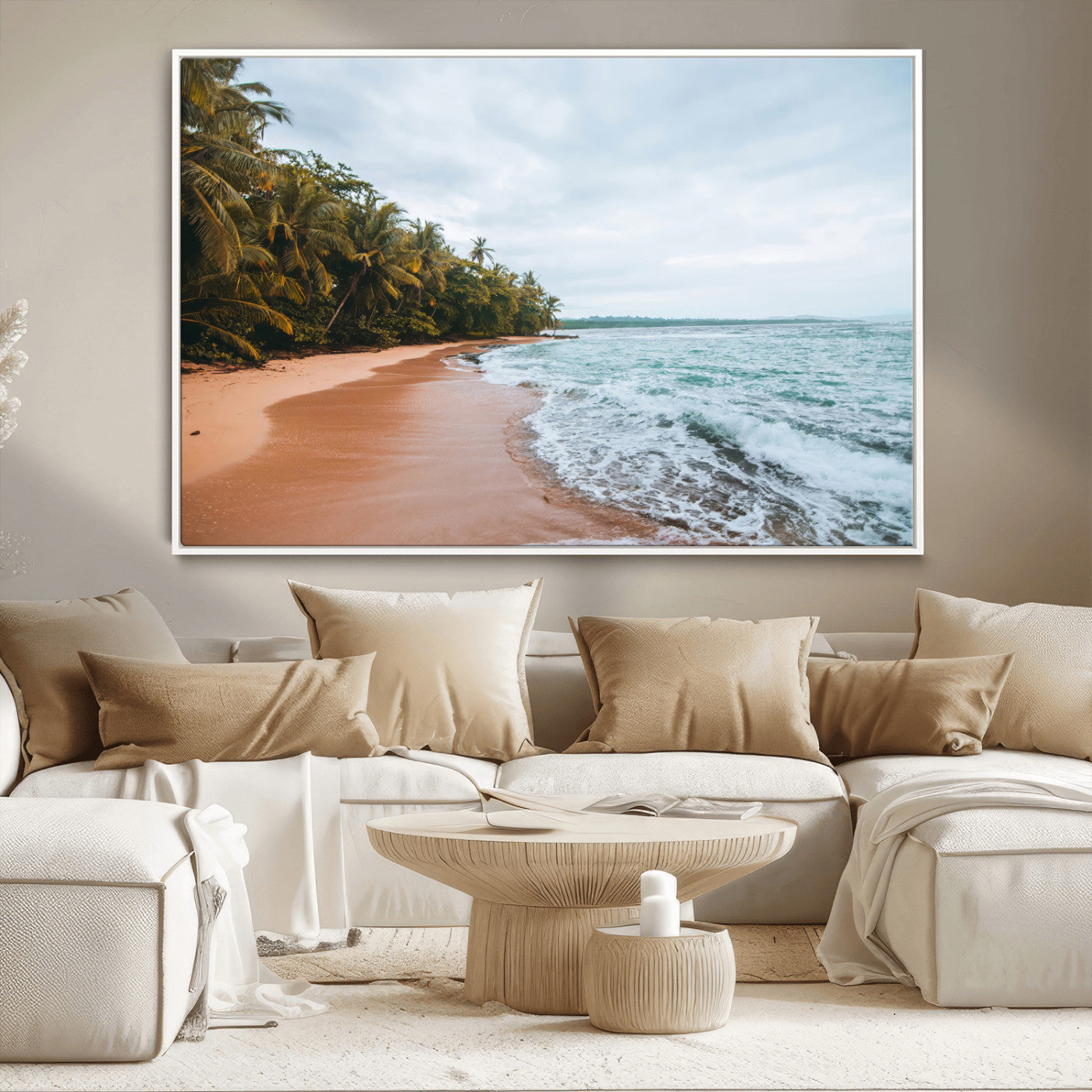 Framed canvas of a tropical beach with palm trees and soft waves, ideal for coastal escape or serene nature-inspired home decor.