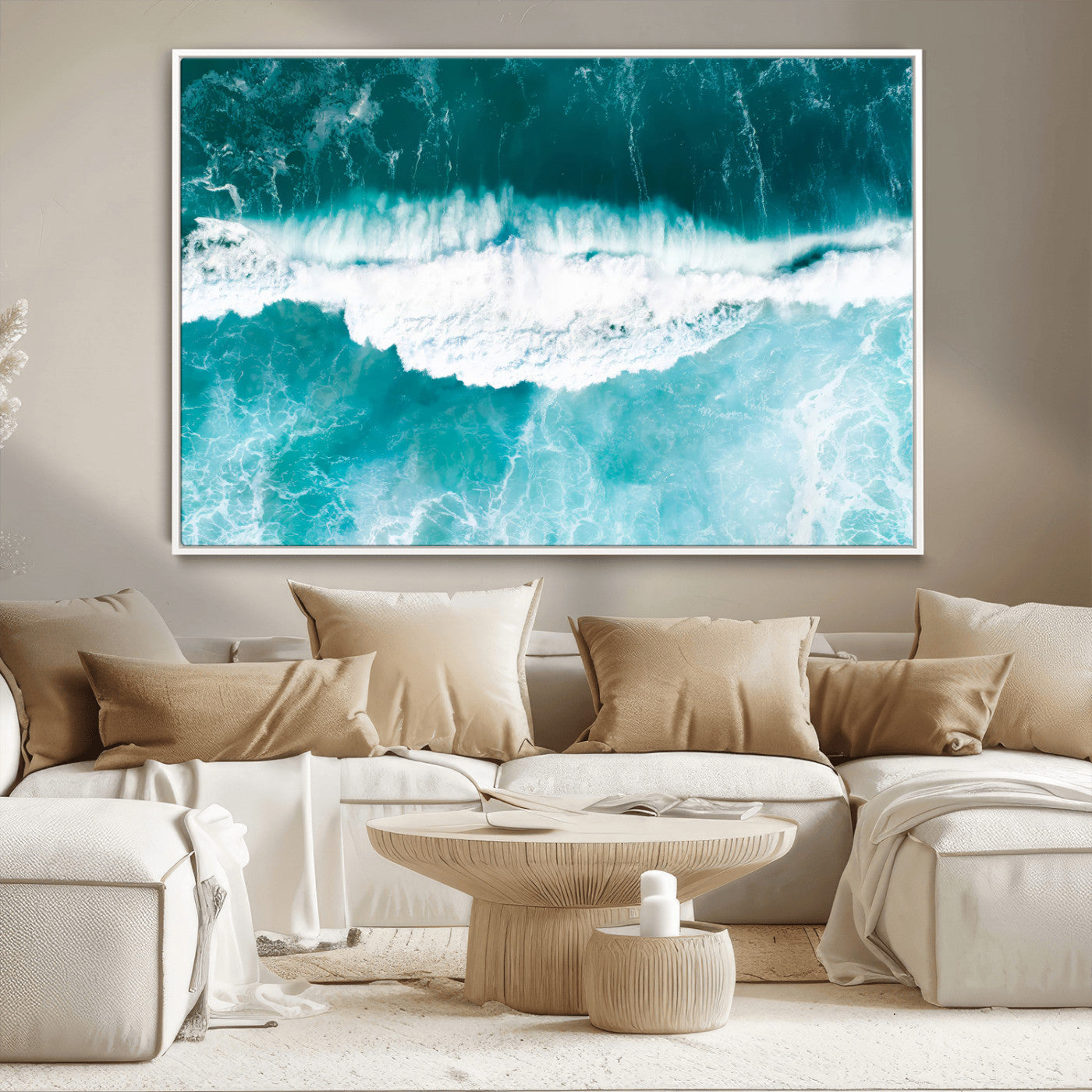 Aerial view of turquoise ocean waves crashing with white foam, perfect for tropical coastal or modern beach-style home decor.