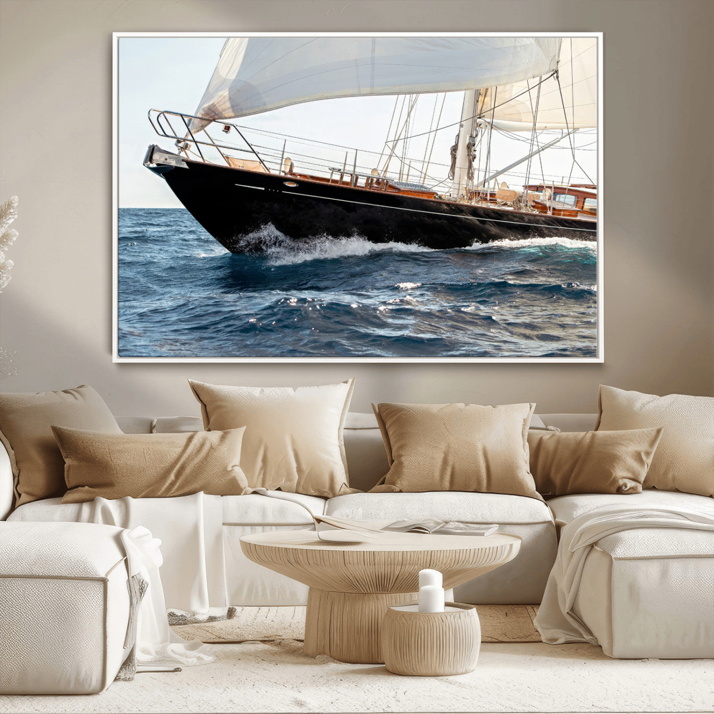 Close-up of a classic sailing yacht with wooden deck and full sails, perfect for nautical or coastal-style decor in ocean-themed spaces.