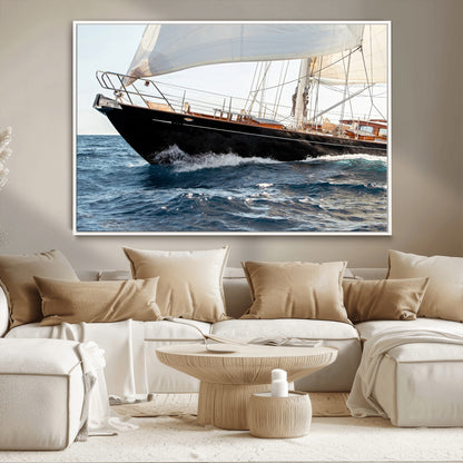 Close-up of a classic sailing yacht with wooden deck and full sails, perfect for nautical or coastal-style decor in ocean-themed spaces.