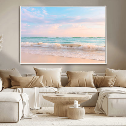 Pastel-toned ocean waves under soft sunset skies, ideal for pastel coastal or serene beach-style home decor.