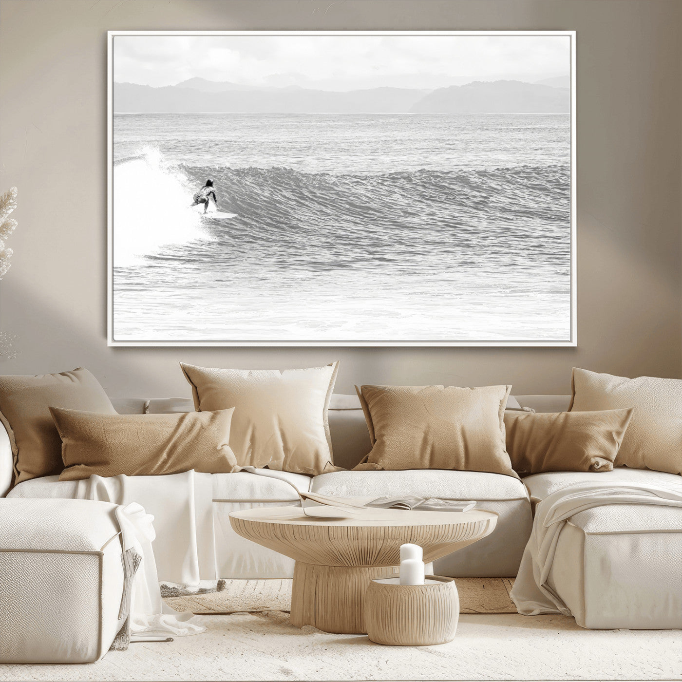 Monochrome photo of a surfer riding a wave with distant mountains, ideal for coastal motion or black and white surf-themed wall decor.