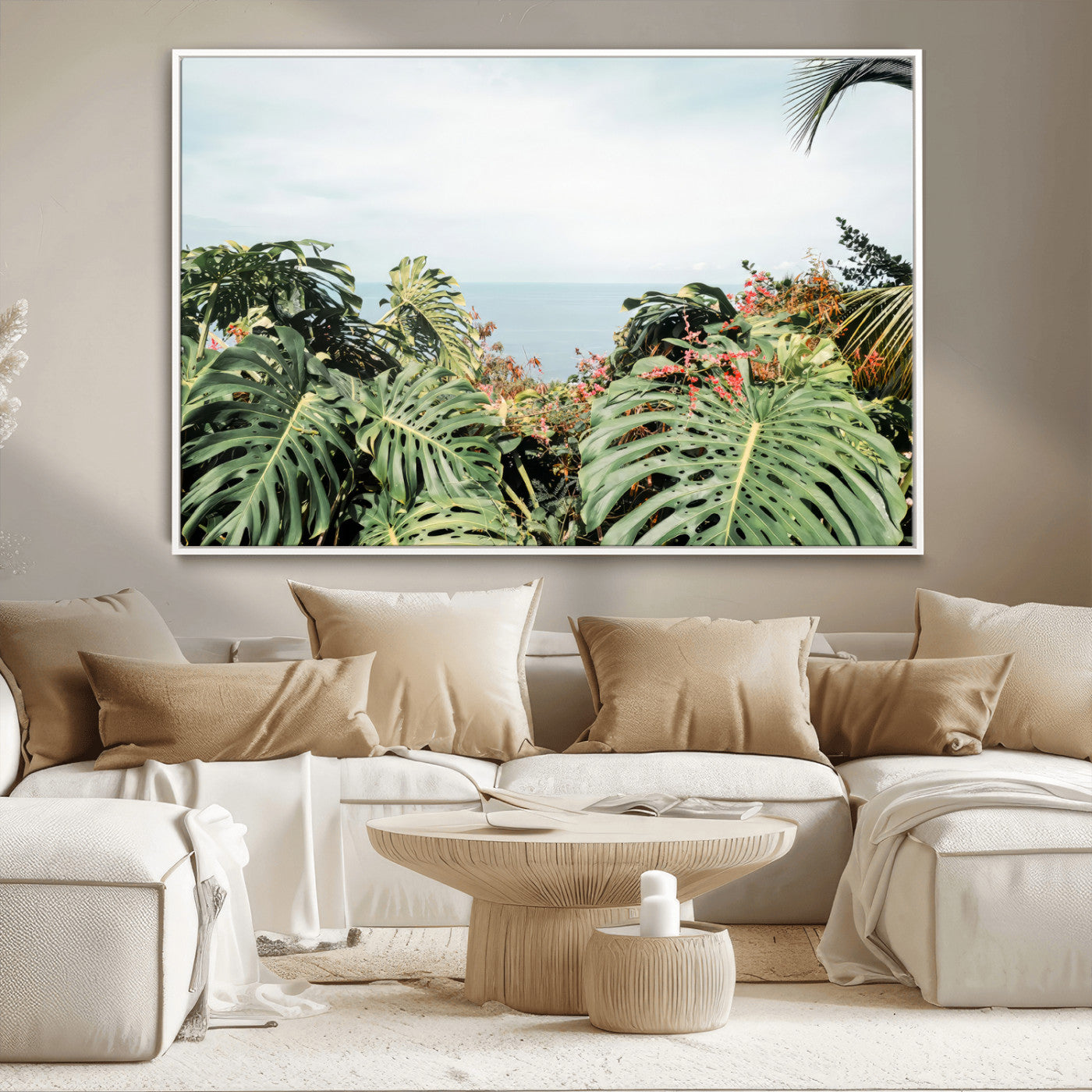 Monstera leaves and tropical flowers framing a calm ocean view, ideal for tropical coastal or exotic jungle-style interior wall decor.