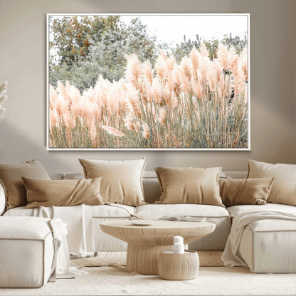 Soft pastel pampas grasses in a natural setting, ideal for neutral boho or rustic botanical-style interior wall decoration.