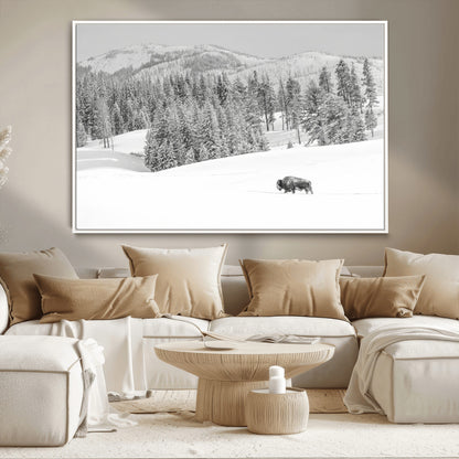 Snowy bison walking through white forest landscape, ideal for monochrome winter or wilderness-style interior wall decoration.