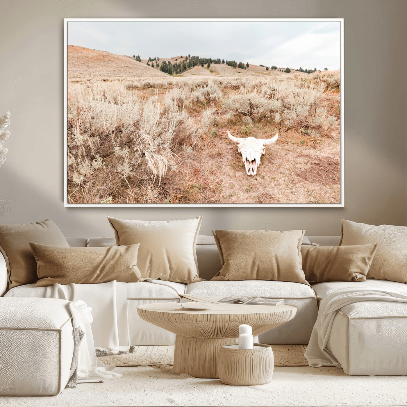 Rustic bull skull on dry sagebrush field under soft light, ideal for western minimal or desert prairie-style wall decoration.
