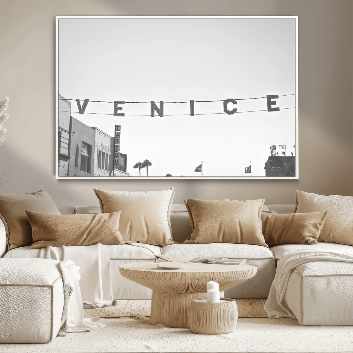 Black and white photo of Venice Beach sign and palm-lined street, perfect for urban coastal or minimalist LA-inspired wall decoration.