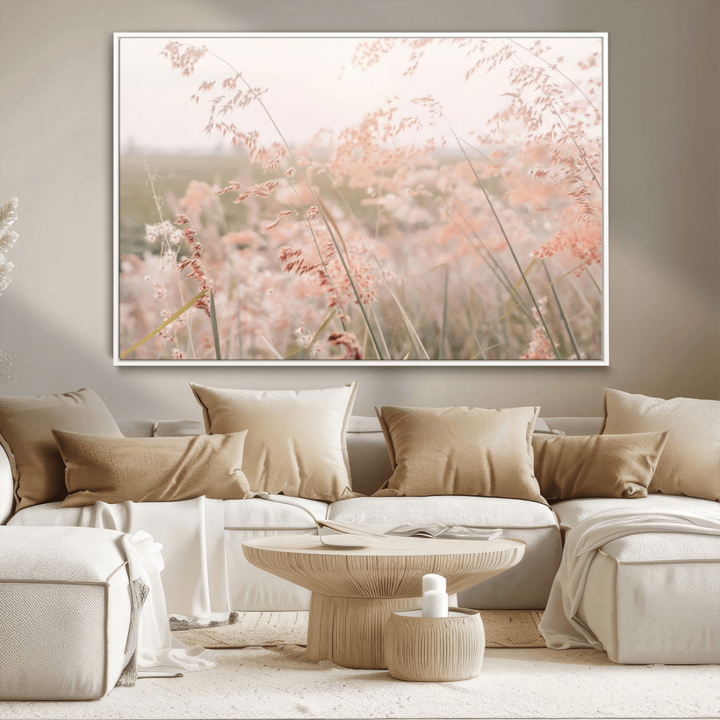 Soft pastel field with wild grasses in warm light, ideal for minimal nature or airy countryside-inspired interior wall decoration.