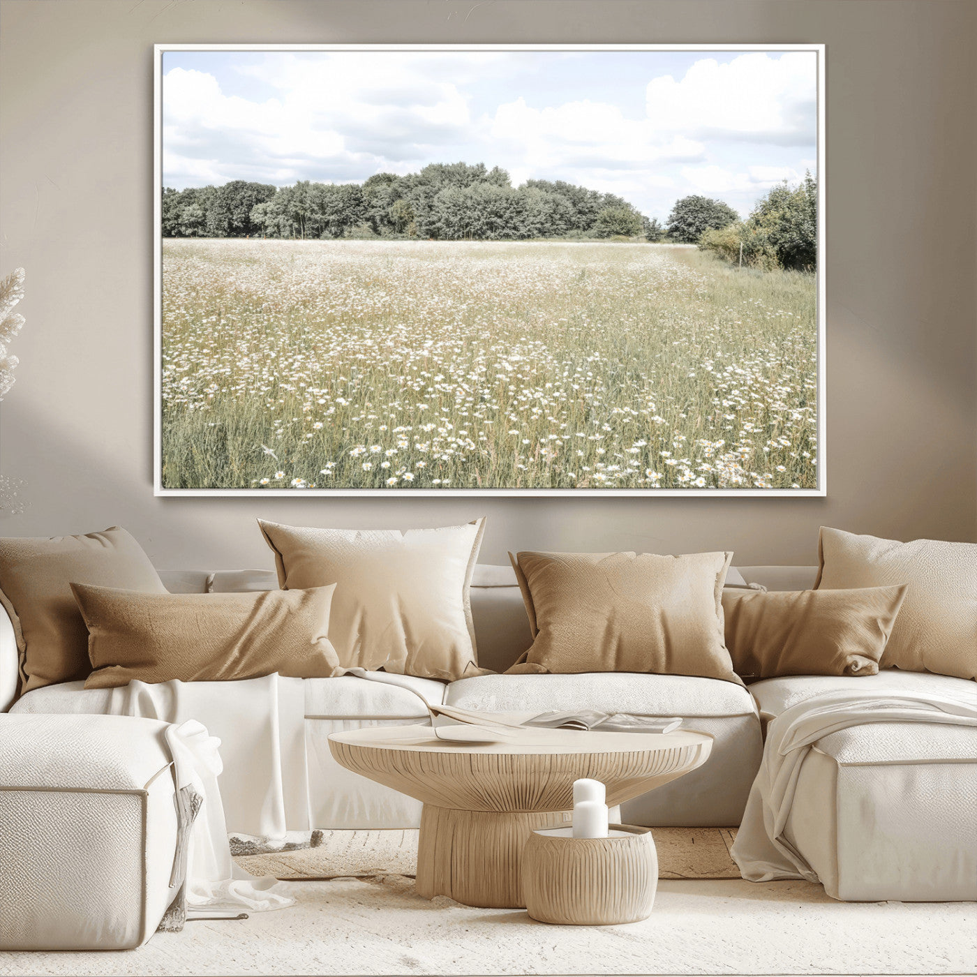 Soft-toned image of a wild daisy field under a cloudy sky, ideal for neutral or Scandinavian-inspired home decor.