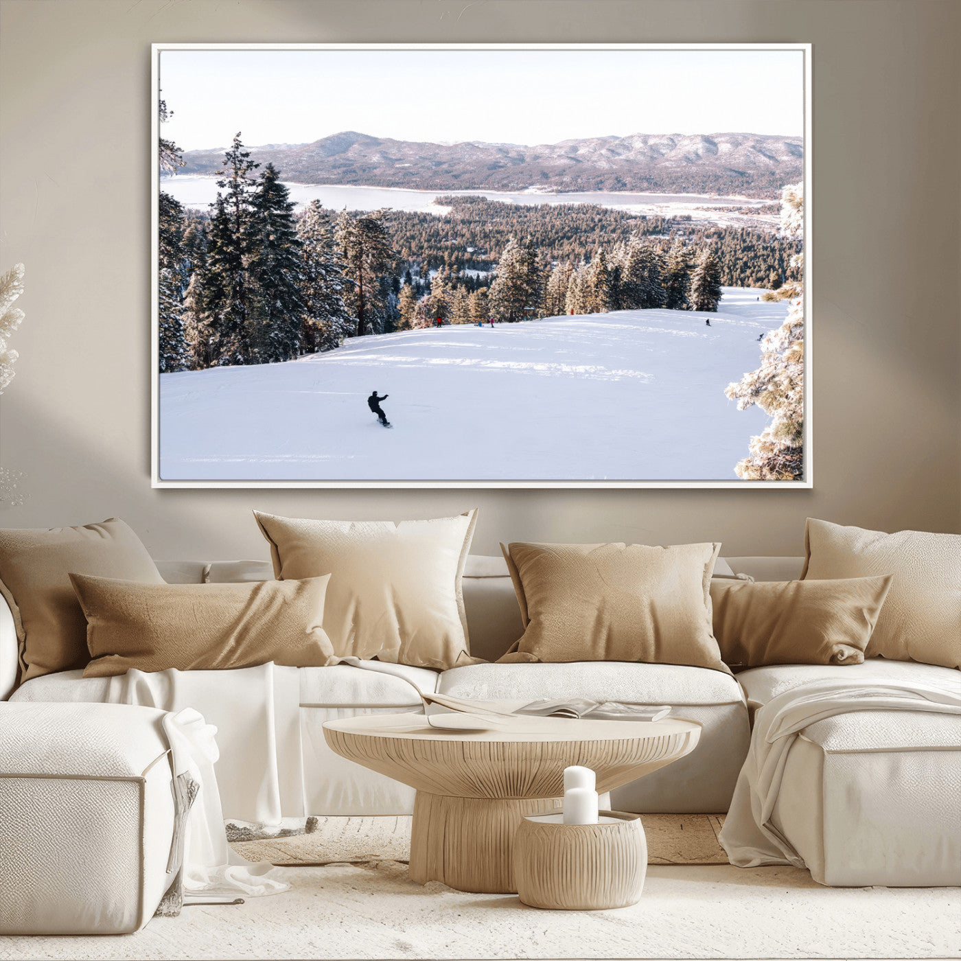Canvas of a snowy mountain ski slope with pine trees and bright winter light, ideal for modern rustic or alpine-inspired home decor.