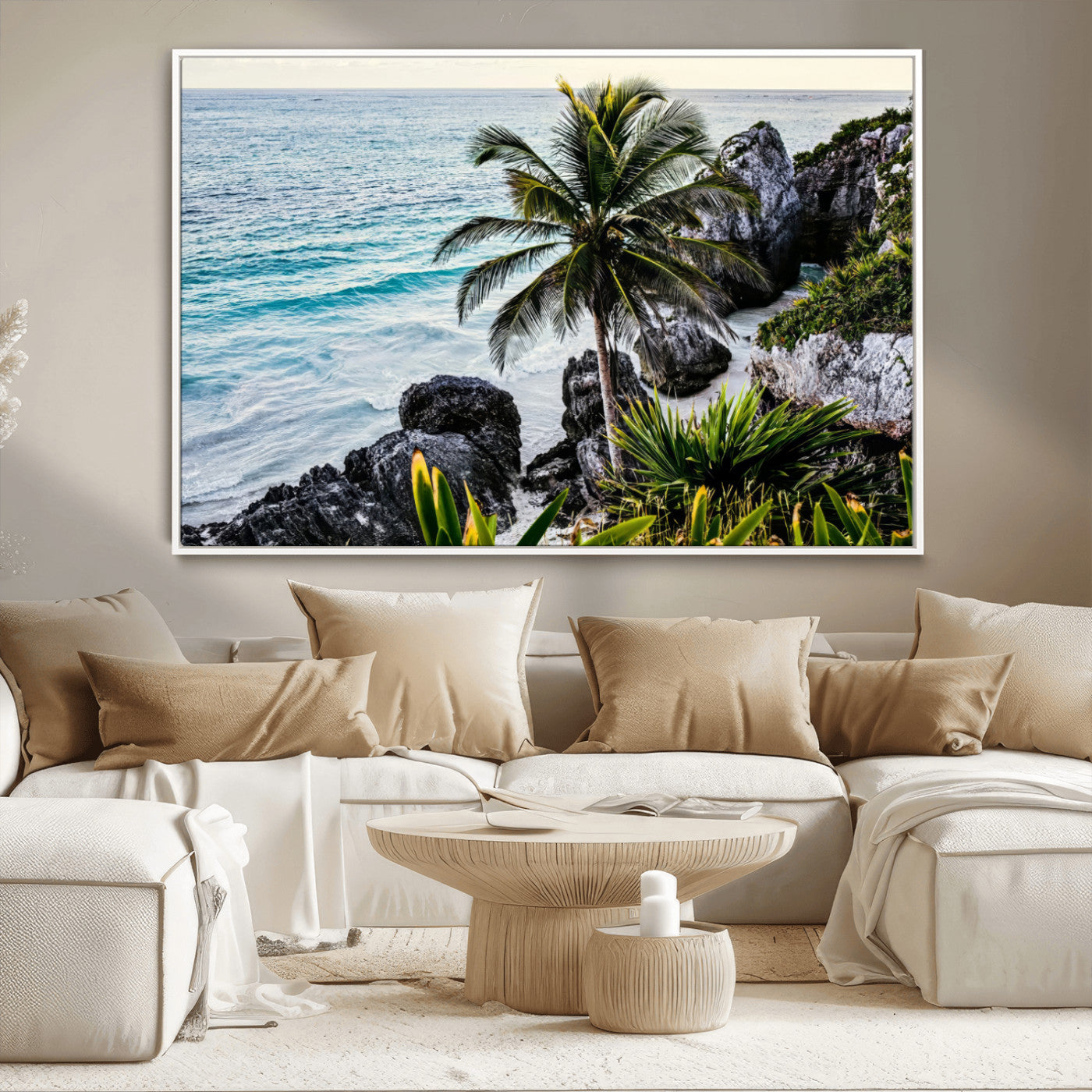 Framed canvas of a vibrant tropical coastline with palm trees, rocky cliffs, and turquoise waters, ideal for tropical coastal home decor.