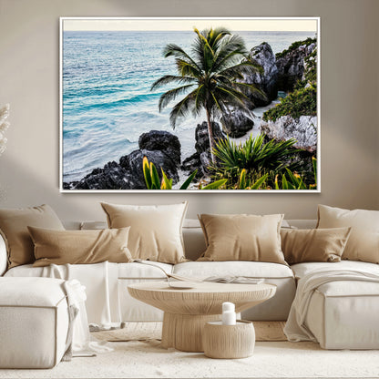 Framed canvas of a vibrant tropical coastline with palm trees, rocky cliffs, and turquoise waters, ideal for tropical coastal home decor.