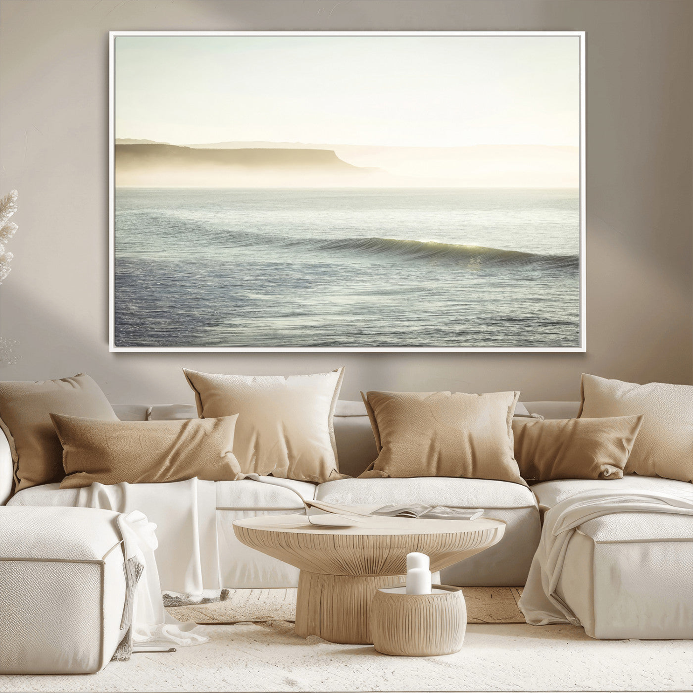 Canvas of a misty ocean scene with coastal cliffs and soft neutral tones, ideal for Scandinavian coastal or minimalist nature-inspired home decor.