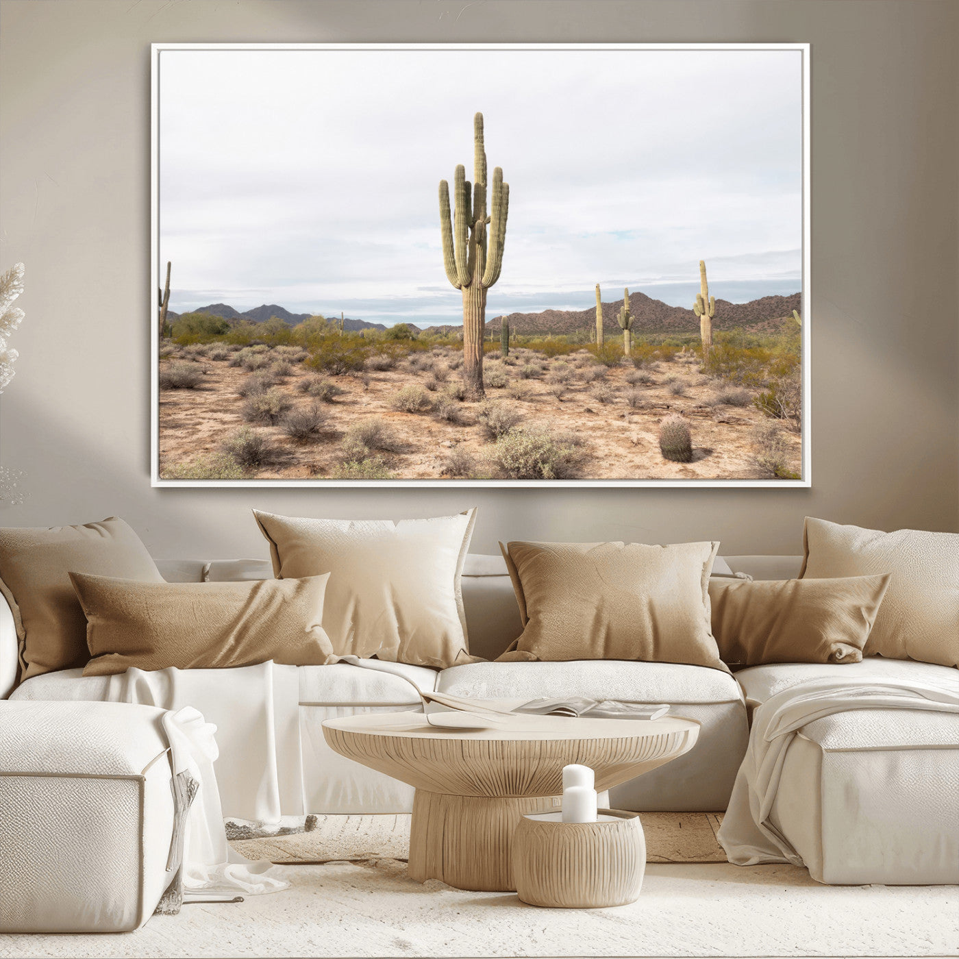 Canvas of a saguaro cactus in an earthy Sonoran desert landscape, ideal for Southwestern Boho or desert minimalism inspired home decor.   2/2