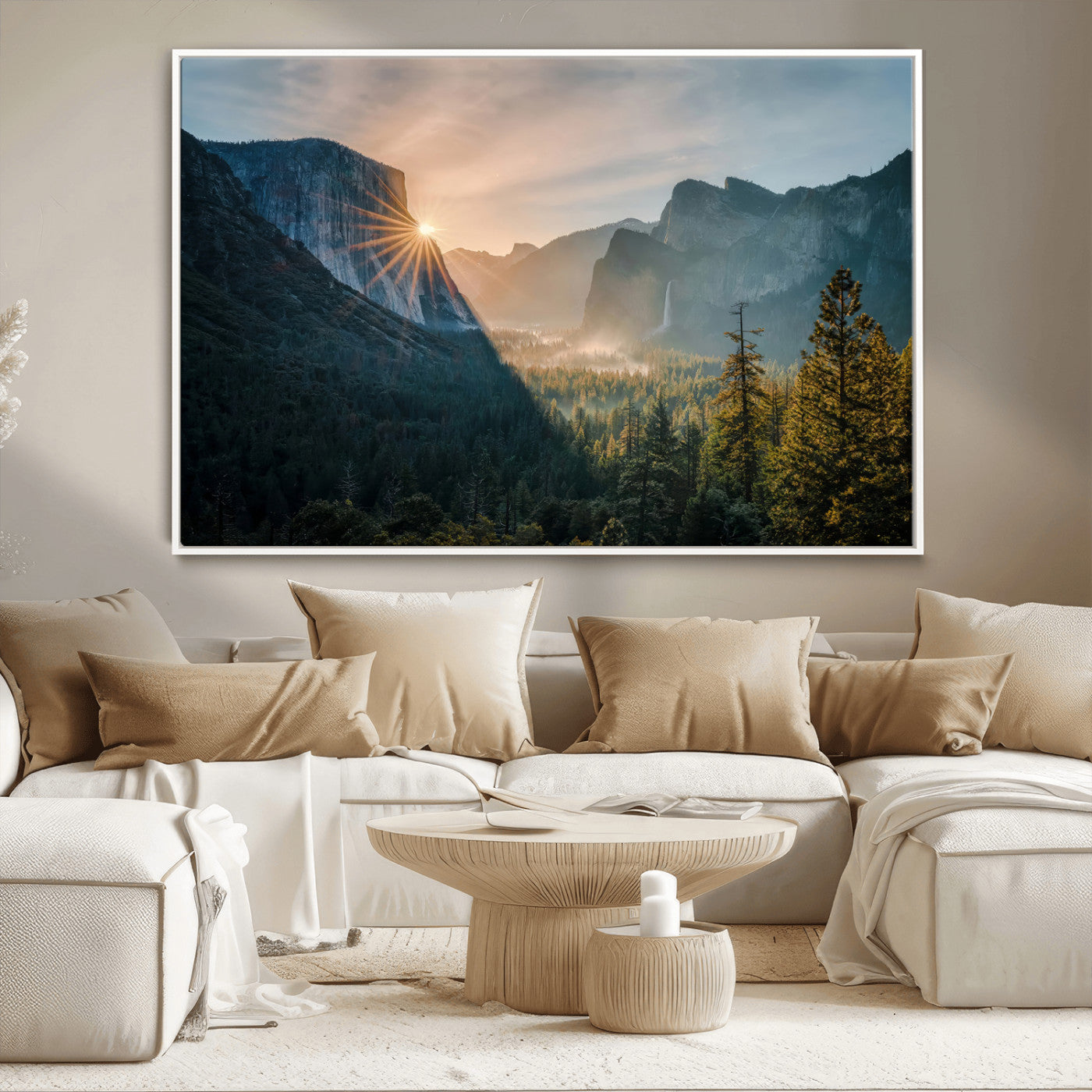 Canvas of Yosemite Valley at sunrise with dramatic rays and earthy tones, perfect for vintage explorer or wilderness-themed home decor.