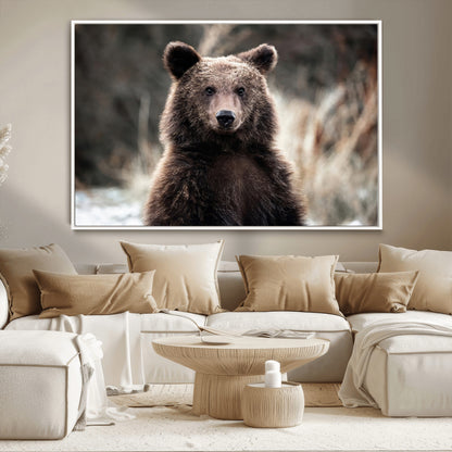 Canvas of a brown bear in soft earthy tones and moody forest light, ideal for rustic cabin or woodland nature-themed home decor.
