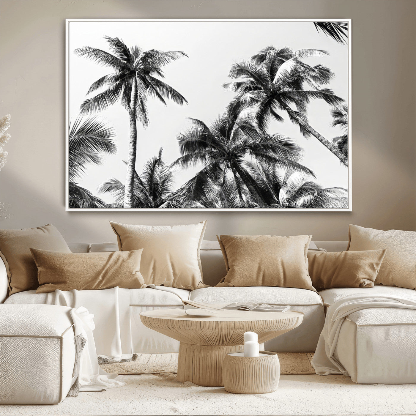 Black and white canvas of tall palm trees in moody tones, perfect for modern tropical minimalist or coastal-style home decor.