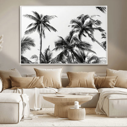 Black and white canvas of tall palm trees in moody tones, perfect for modern tropical minimalist or coastal-style home decor.