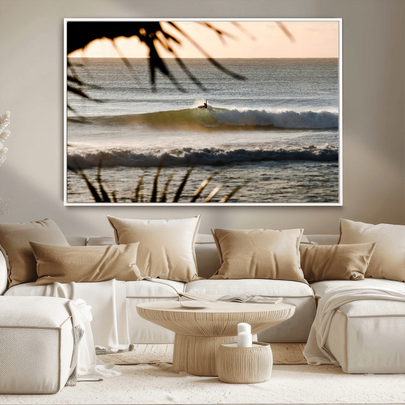 Photo of a surfer riding a golden hour wave at sunset, with tropical tones and dreamy light, perfect for tropical boho or coastal home decor.
