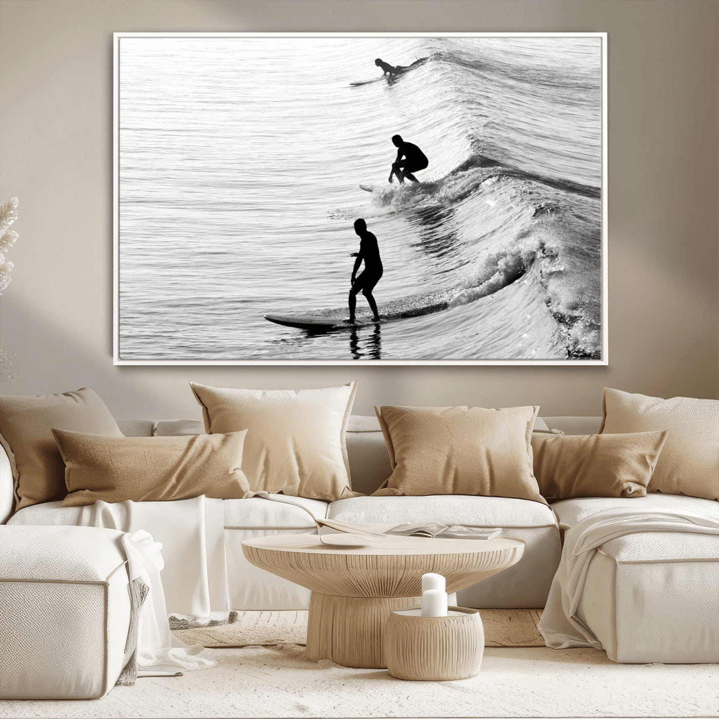 Black and white photo of surfers riding waves in a moody, high-contrast scene, ideal for modern coastal or surf-inspired home decor.