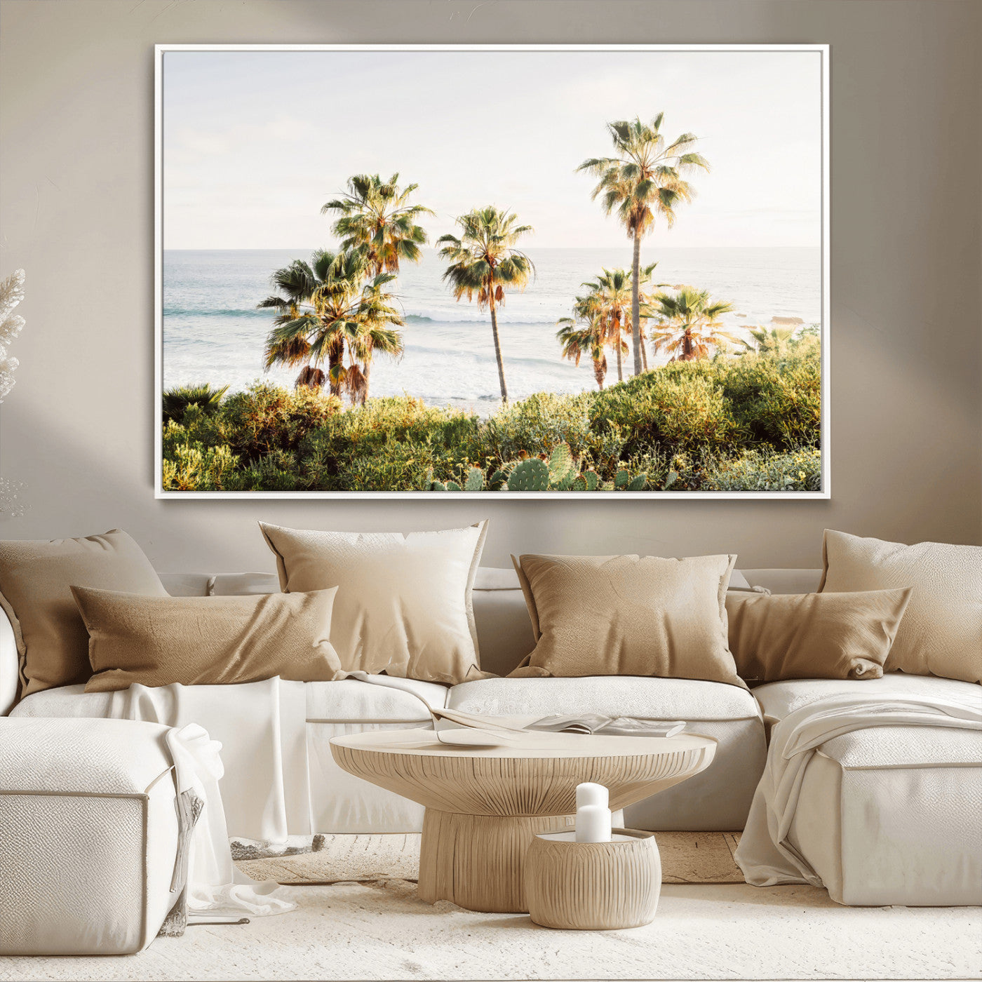Framed print of sunlit palm trees on the California coast with warm tones, perfect for coastal minimalist or beach-style home decor.