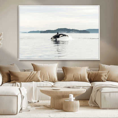 An orca jumping out of calm ocean waters with a misty island in the background, creating a serene and minimalist marine wildlife scene.